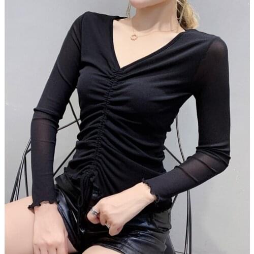Korean Blouse 2021 V-Neck Lantern Long Sleeve Drawstring Bottom Shirt Multicolor Hollow Out Sexy Tees Slim Pleat Top New Arrival