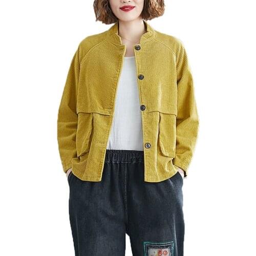 Womens Corduroy Jacket New Spring Autumn Short Coat Stand-up Collar Single-Breasted Chic Female Outerwear Tops Streetwear W578