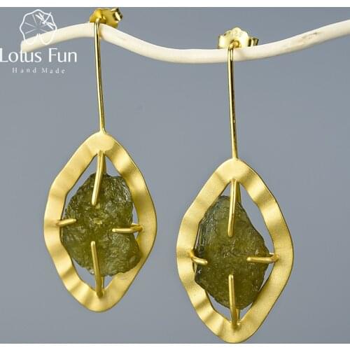 Lotus Fun Natural Raw Stone Tourmaline Drop Earrings Real 925 Sterling Silver 18K Gold Earrings for Women Handmade Fine Jewelry
