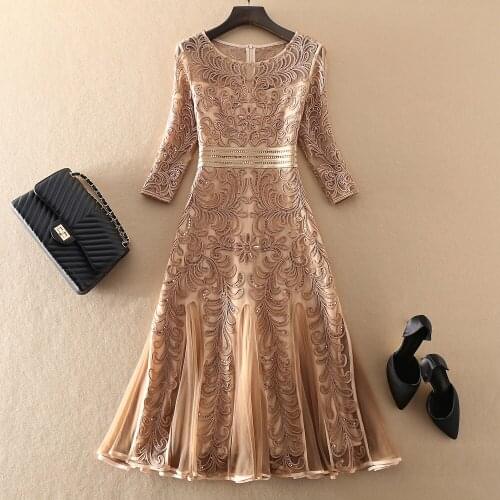 Womens Luxury Fashion High Quality Elegant Flower Embroidery Autumn Plus Size Vintage Office Dress XXXL