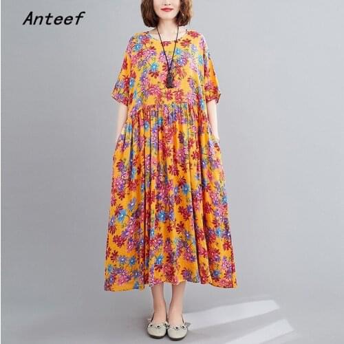Short sleeve cotton linen vintage floral dresses for women casual loose long summer beach dress elegant clothes 2021