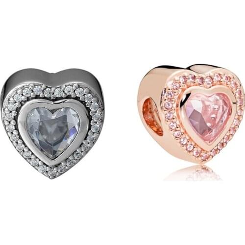 925 Sterling Silver & Rose Golden Heart Beads for Jewelry Making Fashion DIY Pave Stones Crystal Beads Fit Charm Bracelet Women