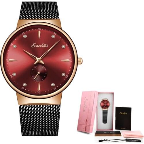 SUNKTA Fashion Alloy Belt Mesh Watch Unisex Womens Watches Minimalist Style Quartz Watch Relogio Feminino Watches For Women+Box