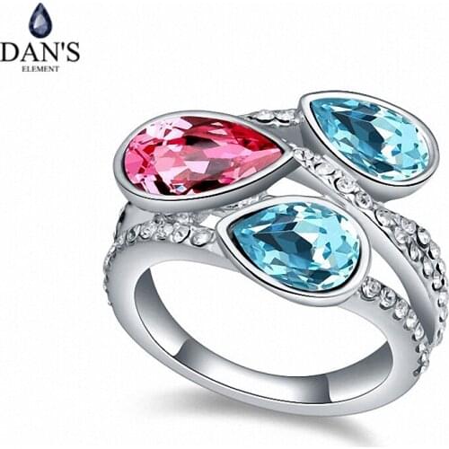 DANS ELEMENT New Sales Genuine Austrian Crystal White Gold Color Flower Rings For Women Valentines Gift 109179Seablue