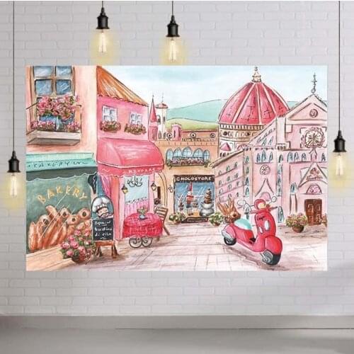 Candy Town Backdrop Cartoon Ice Gream Donut Dessert Bakery Shop Pink Flower Photography Background Baby Shower Girl Kid Party