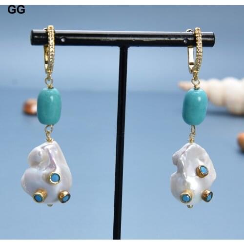 GuaiGuai Jewelry Natural Freshwater Cultured White Keshi Pearl Blue Turquoise Dangle CZ Pave Hook Earrings For Women