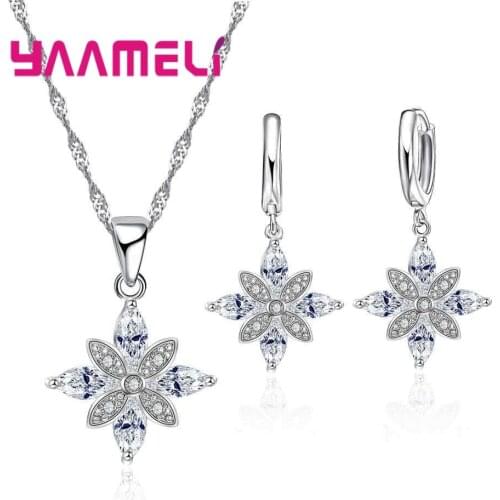 Hot Boucle D'oreille Femme 925 Silver Bridal Wedding Jewelry Set Flower Pendants Necklace Earring Women Austrian Crystal