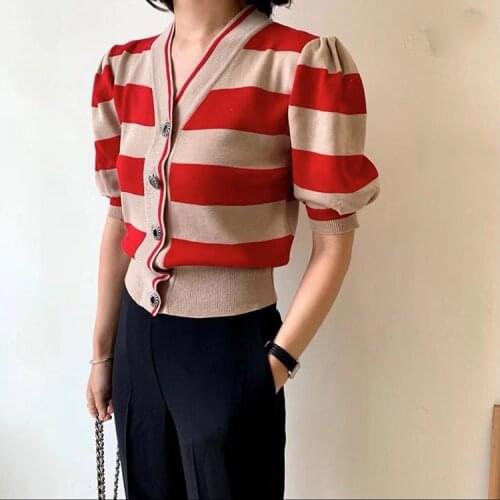 Korean Fashion V Neck Single Breasted Wool Striped Sweater Cardigan Puff Sleeve Slim Sweaters YOU286