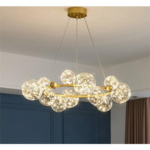 Nordic Led Glass Ball Chandelier with Remote Control Long Ring Golden Living Dining Room Indoor Lighting Pendant Home Decoration