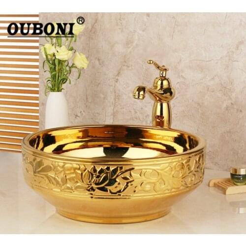 OUBONI Embossed Golden Ceramic Lavatory Bathroom Washbasin Basin Sink Set Solid Brass Tap Combine Mixer Faucet Free Overflew