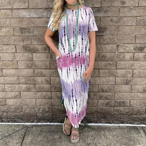 Casual Round Neck Short Sleeve Loose Tie-Dye Printed Long Dress Breathable Comfortable Dresses Outer Wear 2021 Hot Sale