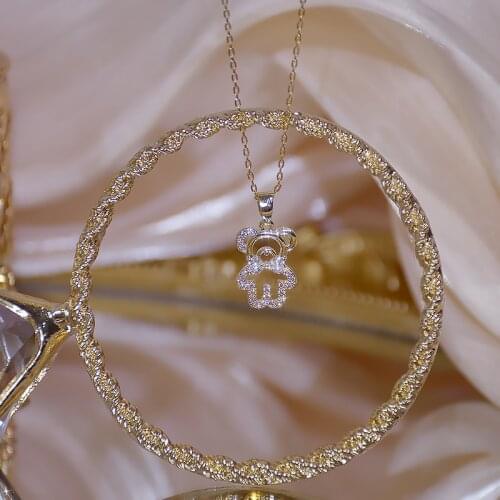 QM 14k Real Gold Temperament Cute Bear Short Necklace Women Ins Shine Zircon Choker Birthday Gift Wedding Jewelry Pendant Girls