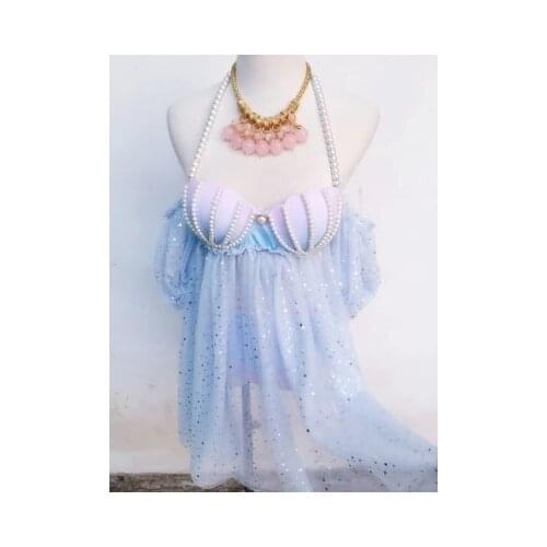 The Mermaid Bikini Sequins Grenadine Gradient Pearl Shell Bubble Sleeve Separates Swimsuit For Women Free Shipping