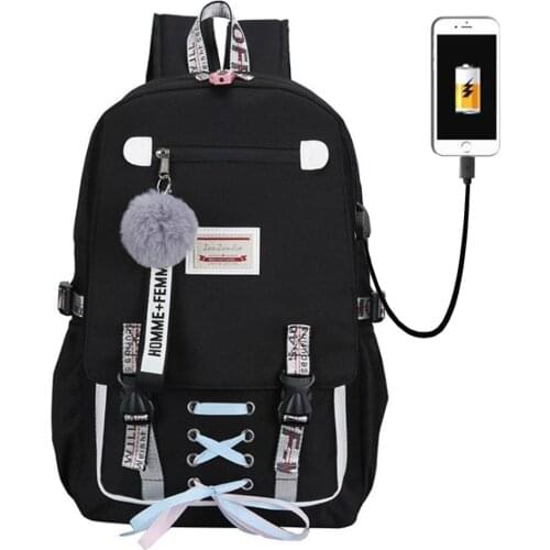 Teenage Large USB Printing Student Big School Bags Girls Bookbags Girls boys Fashion Ribbon Bow Schoolbag Backpack