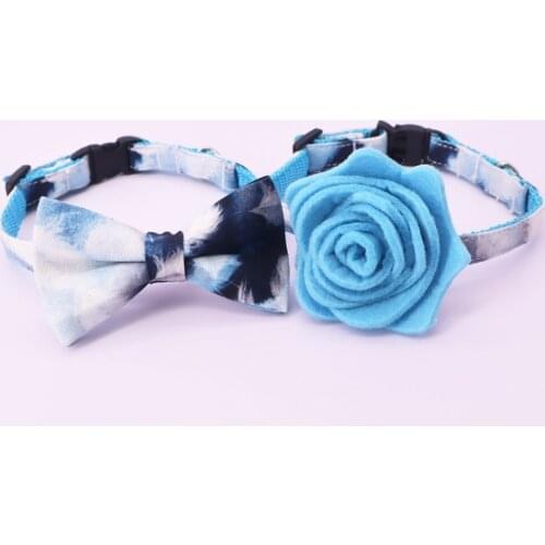 Blue floral Cat Collar Bow Tie with Flower , Plastic Buckle Big and Small Cat Collar Pet Accessories