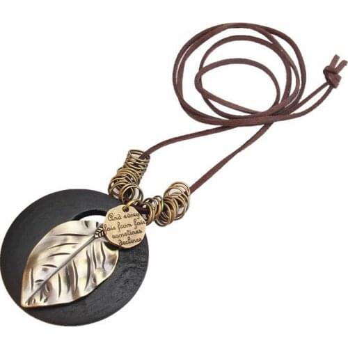 Ancient Sweater Chain Necklace for Woman Leaves Wood Round Long Rope Link Necklaces Festival Trendy Jewelry