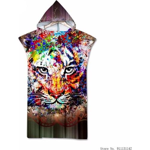 Stylish Geometric Painted Animal Wolf Tiger Double-sided Printed Bath Towel Big Hood Swimming Surfer Beach Portable Bathrobe