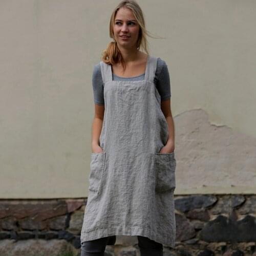 Loose Linen Dress Tunic Women Casual Pocket Dress Sleeveless Plain Color Spaghetti Strap Tank Dress