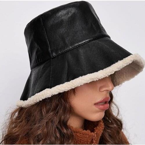 Warm Bucket Hat Basic Tide Fisherman Hat Vintage PU Leather Casual Lamb Autumn Winter Wool Glabrous Hat Black