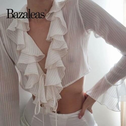 Bazaleas Vintage Deep V Neck Ruffles Whige Cropped Blouse Chic Long Flare Sleeve Ropa Mujer Fashion Cute Crop Top Women Harajuku