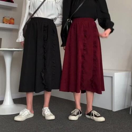 Mid-length skirt with wood ears, women 2021 new high-waist all-match thin a-line mid-length skirt