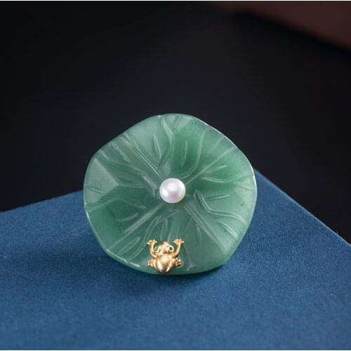 VLA 925 Silver Creative Design Aventurine Lotus Leaf Frog Brooch Men and Women Temperament Elegant Clothing Accessories Brooch