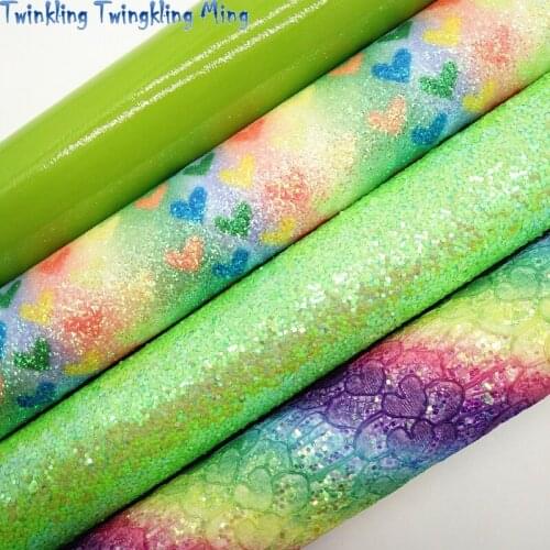 Green Glitter Fabric, Hearts Printed Glitter Leather, Patent Faux Fabric For Bow A4 21x29CM Twinkling Ming KM056