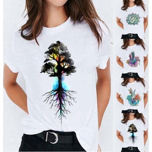 2021 New Woman Tree And Plant Print Harajuku Summer White Tshirts Casual Round Neck Short Slee Top Tee Shirt Drop Ship Топ
