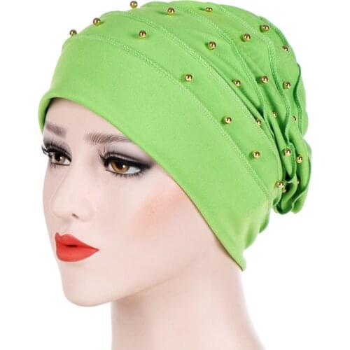Women Beaded Turban Solid Color Chemotherapy Cap Breathable Comfort Bonnet