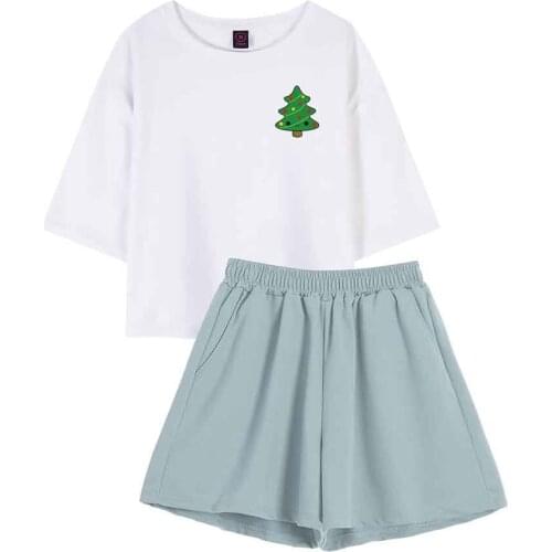 Womens Pajamas Sleepwear Set Cotton Christmas Tree Graphic T Shirts Pajama Sets Summer Shorts and Tops Sets Sleep Home Clothes
