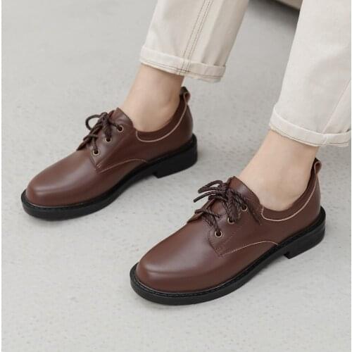 Plus Size 34-43 Spring\Winter British Style Leather Shoes Women Square Heel Flat Platform Shoes Lace-Up Oxford Shoes For Women