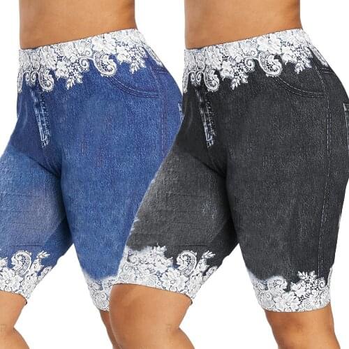 Women Shorts Fashion Lace Patchwork High Waist Leggings Denim Shorts Sports Minipants женские шорты ropa de mujer 2020