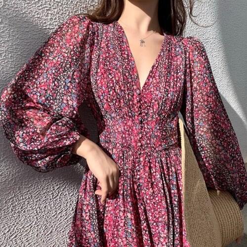 Navy floral ruffle tiered midi dress women chic long sleeve boho dress loose V-neck bohemia 2020 long dress female