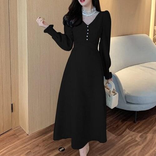 WKFYY Elegant Vintage OL Lace Spliced Pearl Button Ruffles Half High Collar Puff Petal Sleeve Corduroy Slim Long Dress D4053