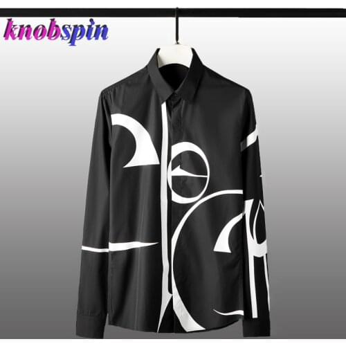 Brand Men Shirt Luxury Geometry Printed Long Sleeve Mens Dress Shirts Fashion White Black Slim Fit Man Shirts Plus Size 4XL