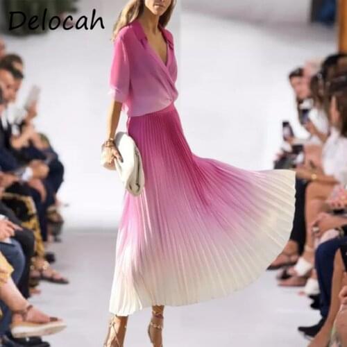 Delocah New 2021 Summer Women Fashion Runway Skirts Set Half Sleeve Loose Tops + High Waist Print Pleated Skirts 2 Pieces Suits