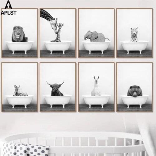 Baby Nursery Prints Alpaca Giraffe Elephant Lion Cow in Bathtub Poster Black&White Animal Canvas Painting Wall Art Picture Decor
