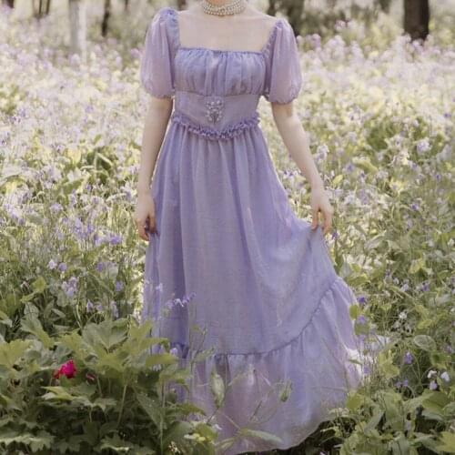 Purple elegant lace dress retro square collar high waist embroidered female dress casual vacation lady dress