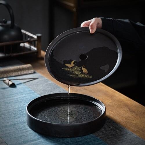 Ceramic Tea Tray Small Double-Layer Water Storage Type Dry Pour Tea Tray Japanese Household Round Tea Table Saucer Chinese