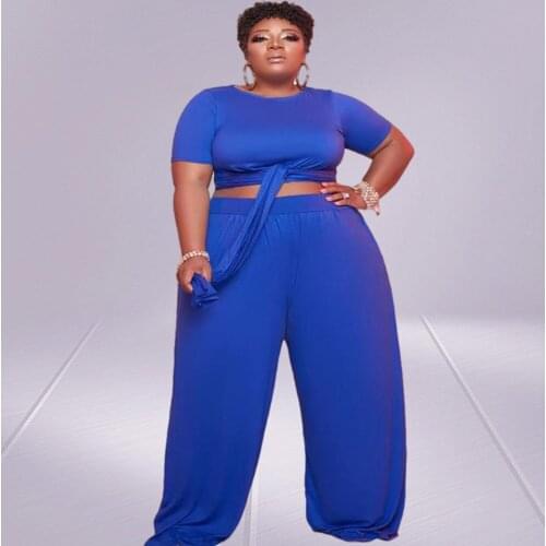 Two Piece Set Plus Size Women Clothing Summer 2021 Solid Bandage Wide Leg Pants Casual Fashion Outfits Wholesale Dropshipping