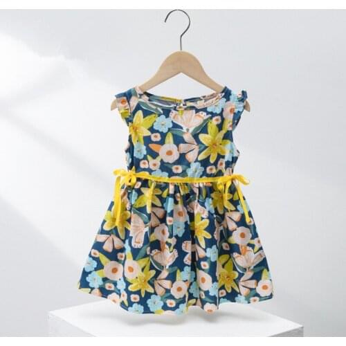 Kids Girls Summer Dress Baby Clothes Blue Flying Sleeve Flowers Sweet Children Princess Cotton Dress Comfortable Garment