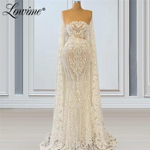 Lowime Ivory Sequins See Through Celebrity Dresses Party Gowns 2021 Dubai Long Sleeves Mermaid Plus Size Mermaid Prom Dresses