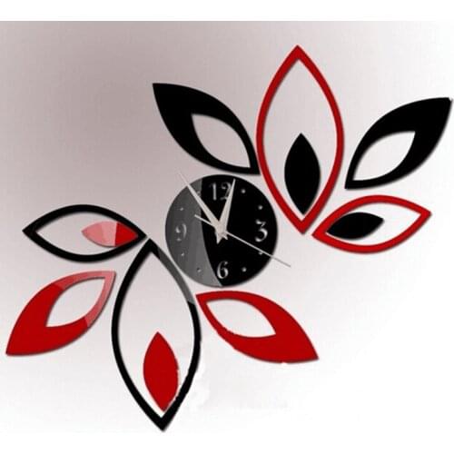 Instant Popular Red and Black Leaf Wall Clock DIY Acrylic Mirror Wall Clock Bedroom Decorative Wall Clock Living Room Decor