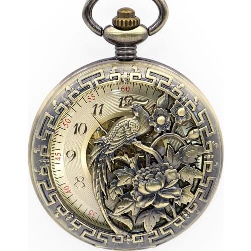 Fashion Mens Steampunk Mechanical Pocket Watch Analog Bird And Flowers Man Women Necklace Fob Watch Pocket Watches Gift
