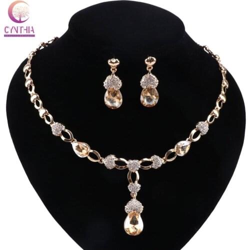 Fashion Jewelry Champagne Cubic Zirconia White Crystal Jewelry Sets For Women Water Drop Pendant/Necklace/Earrings