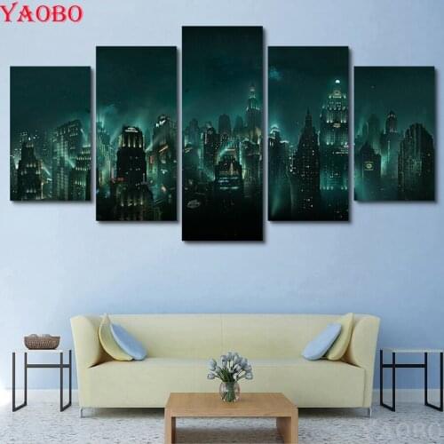 5 Panel City Building Night View diy 5d Diamond Painting Cross Stitch full square round diamond embroidery Mosaic Wall Art Decor