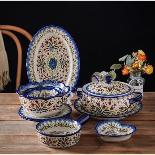 New Exported Ceramic Dinnerware Set Deep Salad Plate Retro Household 5inch Rice Bowl 2L Soup Bowl 11inch Fish Plate