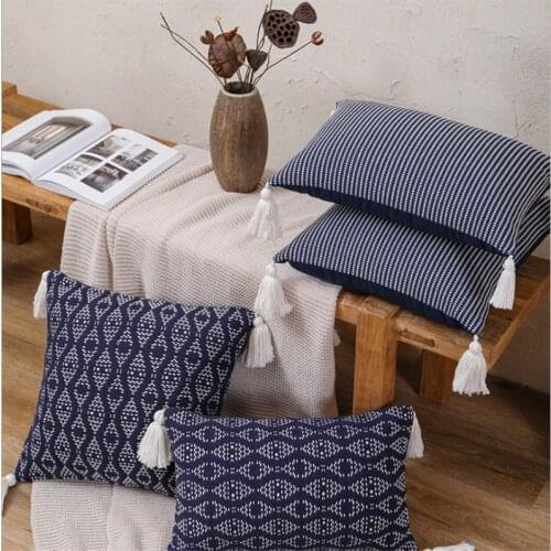 Navy Blue Lace Cotton Jacquard Cushion Cover Home Decor Geometric Tassels Pillow Cover Decoration sofaPillowcase 45x45cm/30x50cm