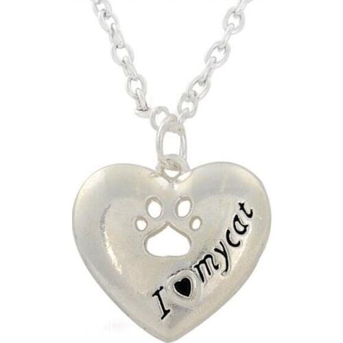 I love my cat paw print Heart antique silver color animal lovers charm necklace