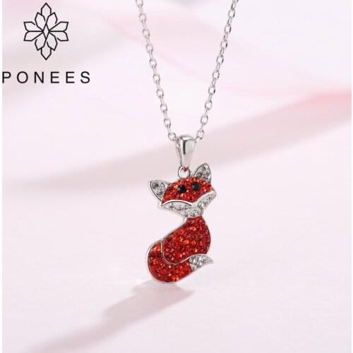 PONEES New Hot Jewelry Pave Crystals Cute Red Fox Necklace Pendant for Party Girls Women Jewelry Animal